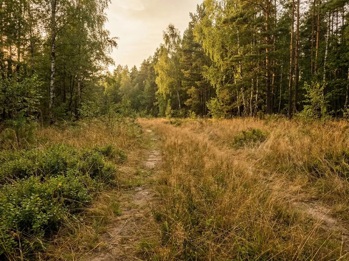 Stig genom högt torrt gräs vid en svensk skogskant — klassisk fästingmark